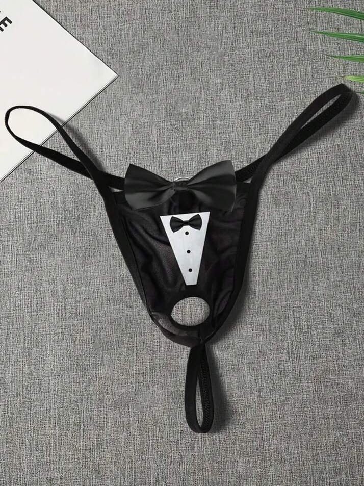 MAD-MEN Men's Sexy Thong With Unique Bow Print Pattern & Hollow Out Mesh Bow Decor Underwear